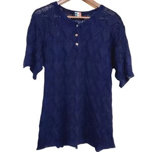 COSTAVERDE Creations Eyelet Shirt Size S Crochet Navy Blue Womens